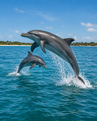 Two dolphins jumping out of the water.