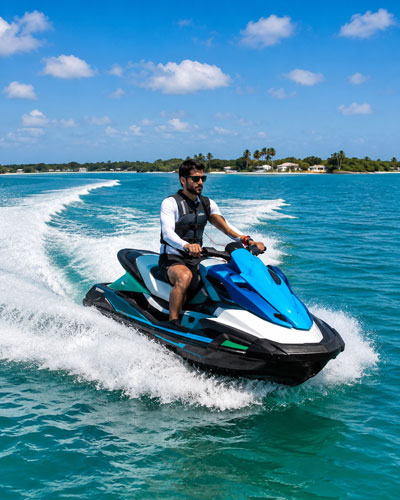 Male riding a rented single seat jet ski.