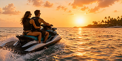 A male and female on a jet ski looking at the sunset.
