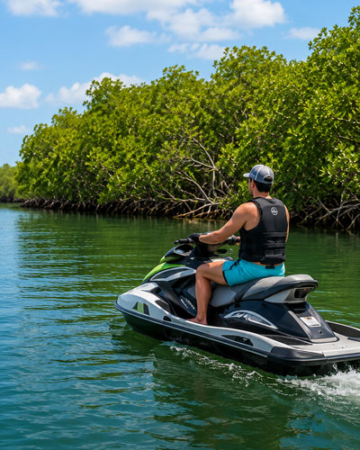 The backside of jet ski tour guide along side the mangroves of the Gulf coast.