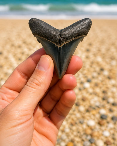 A left hand holding a large shark tooth near the Englewood Beach shore.