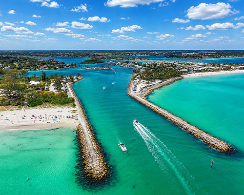 View of Venice inlet from the Gulf side.
