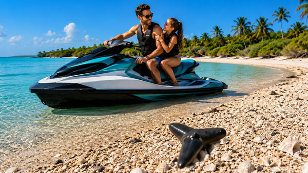 A father and his child on a jet ski finding a shark tooth on Venice beach shore.