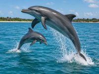 Two dolphins jumping out of the water.