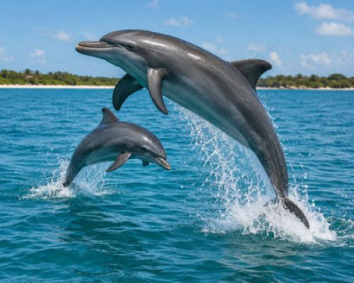 Two dolphins jumping out of the water.
