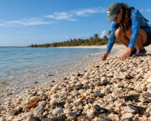 A woman squating at the shore of Venice beach by shark teeth.