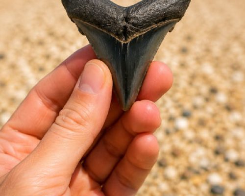A left hand holding a large shark tooth near the Englewood Beach shore.